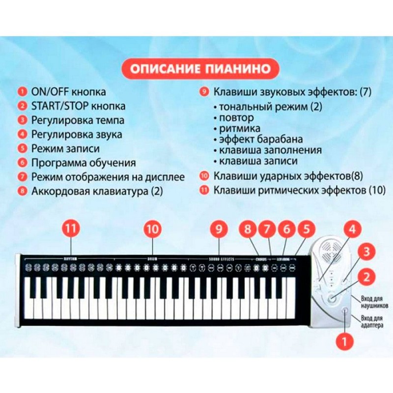 Пианино гибкое для детей Soft Keyboard Piano 49 клавиш функции